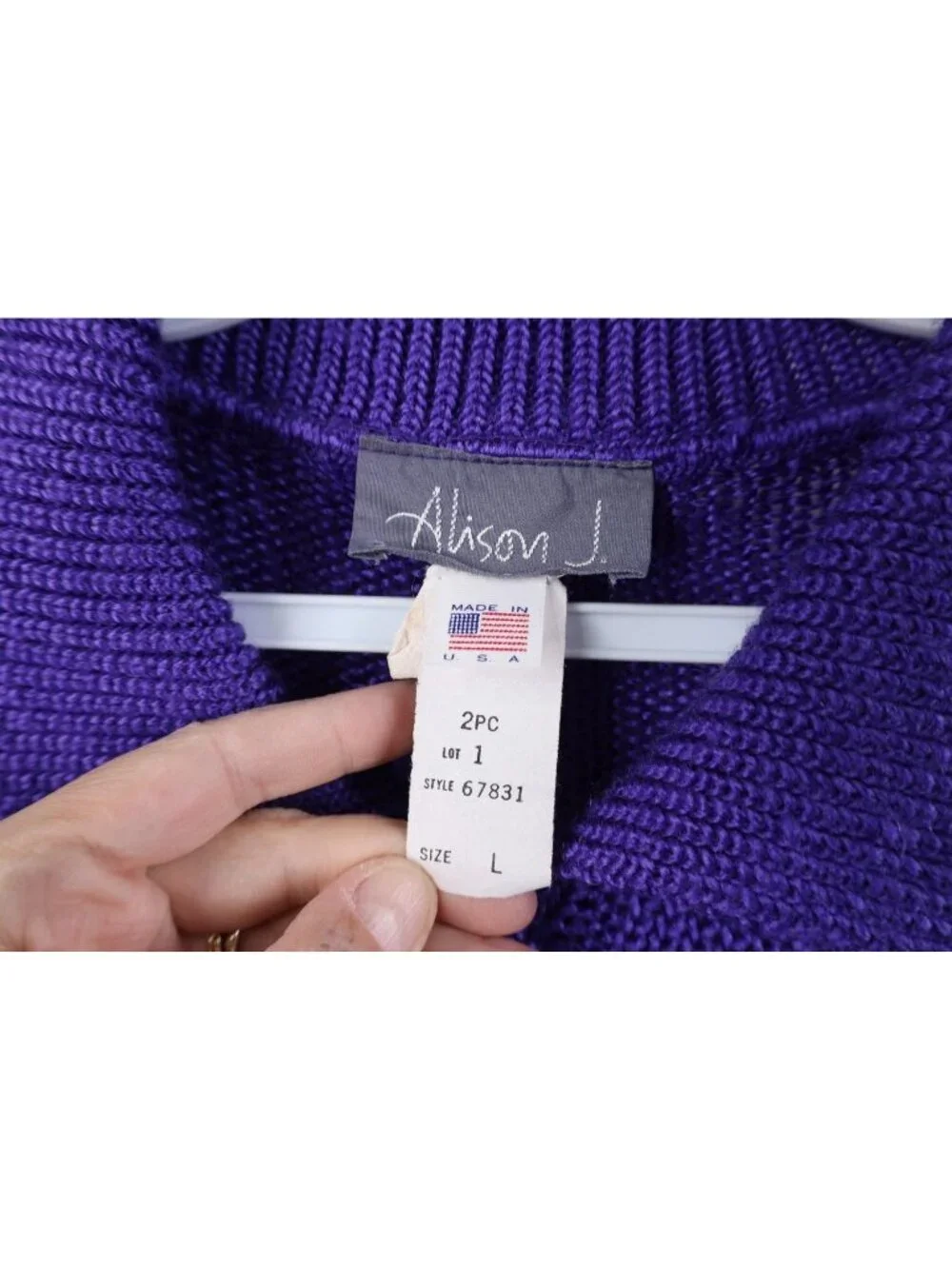 Vintage 80s 90s Womens Large 3/4 Sleeve Cable Knit Collared Sweater Purple USA